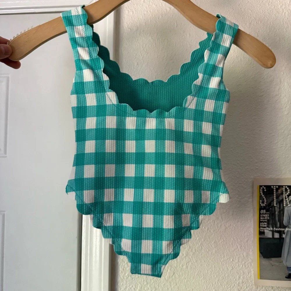 MARYSIA bumby kids girls teal aqua‎ white gingham scalloped one piece swimsuit